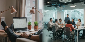 Remote vs. Hybrid Work: 2025 Impact on US Work-Life Balance Remote worker at home and hybrid team collaborating in modern office, 2025