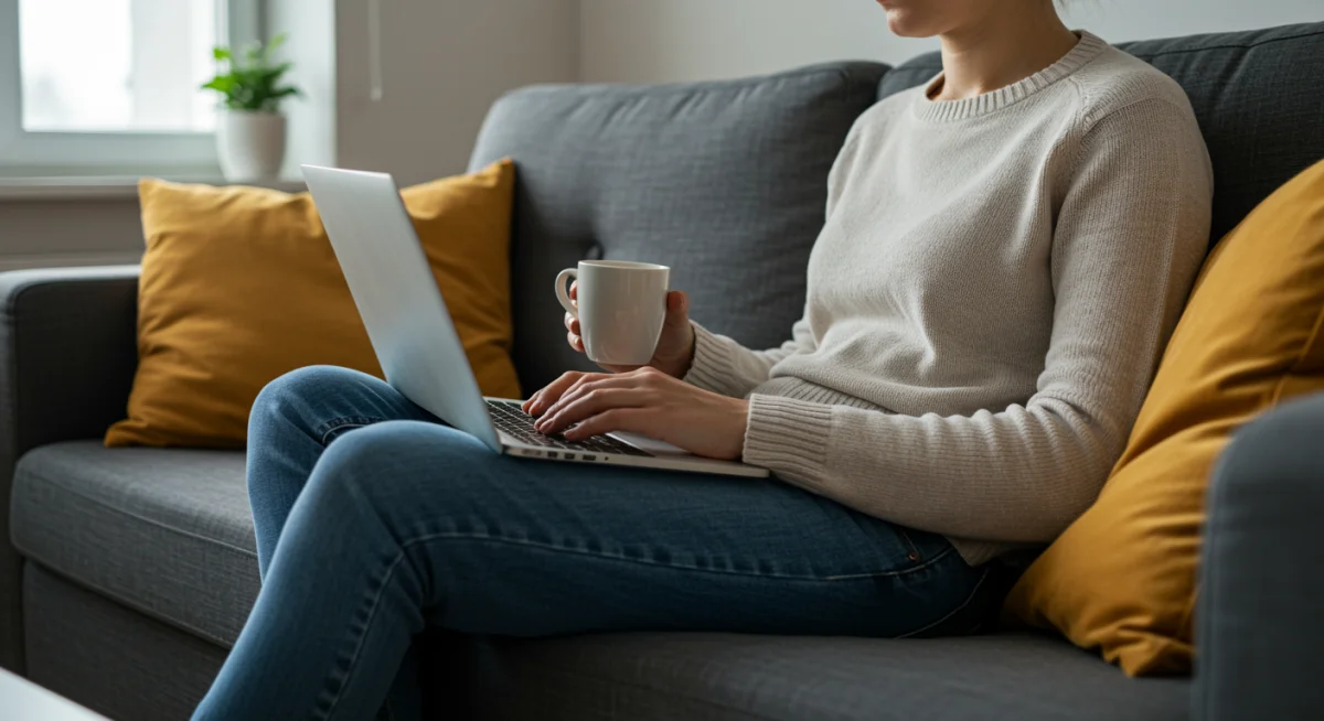 Person working remotely from home, enjoying work-life balance.