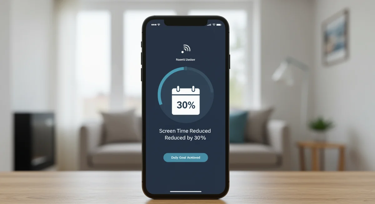 Smartphone showing reduced screen time notification, symbolizing successful digital detox.