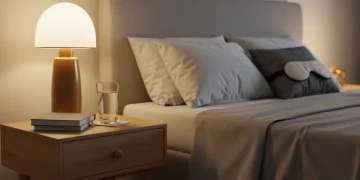 Serene bedroom with warm lighting, comfortable bed, and elements for optimal sleep hygiene