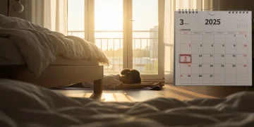 Person stretching in a peaceful bedroom, representing improved sleep and morning energy.