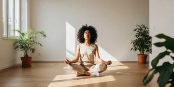 Serene individual meditating for mental clarity and focus in a modern, sunlit space.