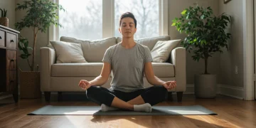 Serene person meditating, embodying daily mindfulness in a US home setting.