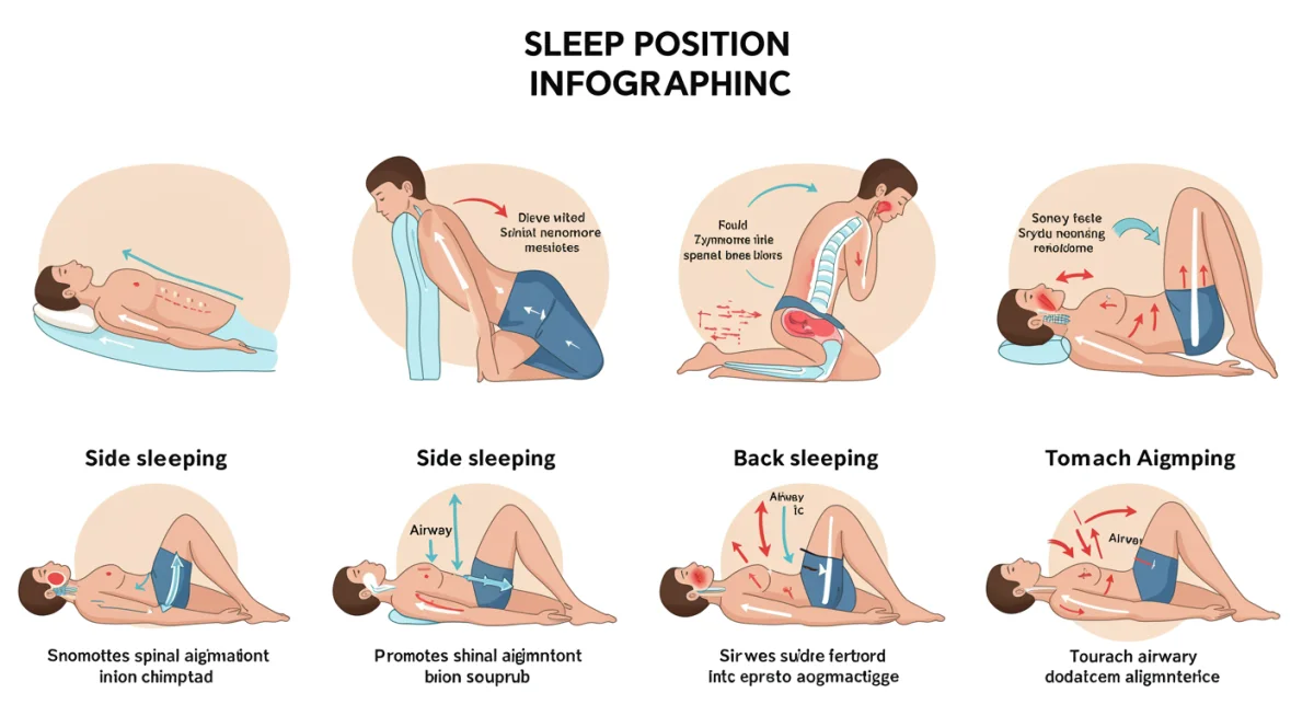 Infographic showing different sleep positions and their effects on breathing and spinal alignment.