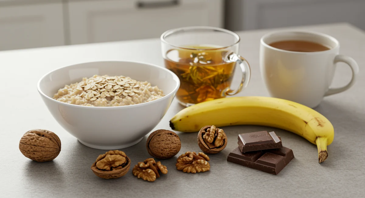Sleep-promoting foods on a kitchen counter