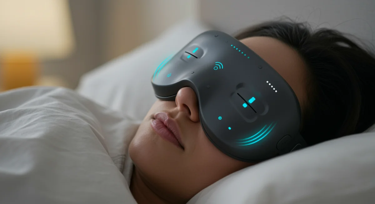 Person wearing a modern smart sleep mask in bed