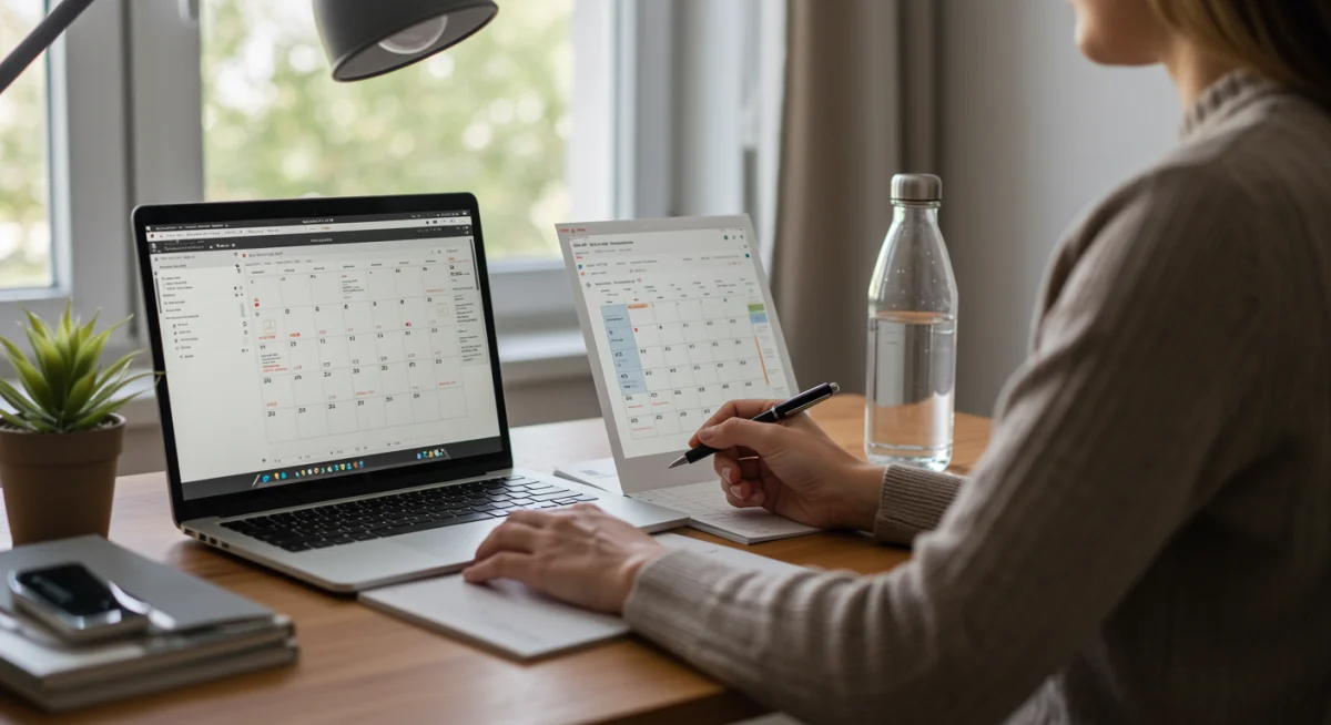 Professional strategically planning their day in a home office for enhanced productivity.