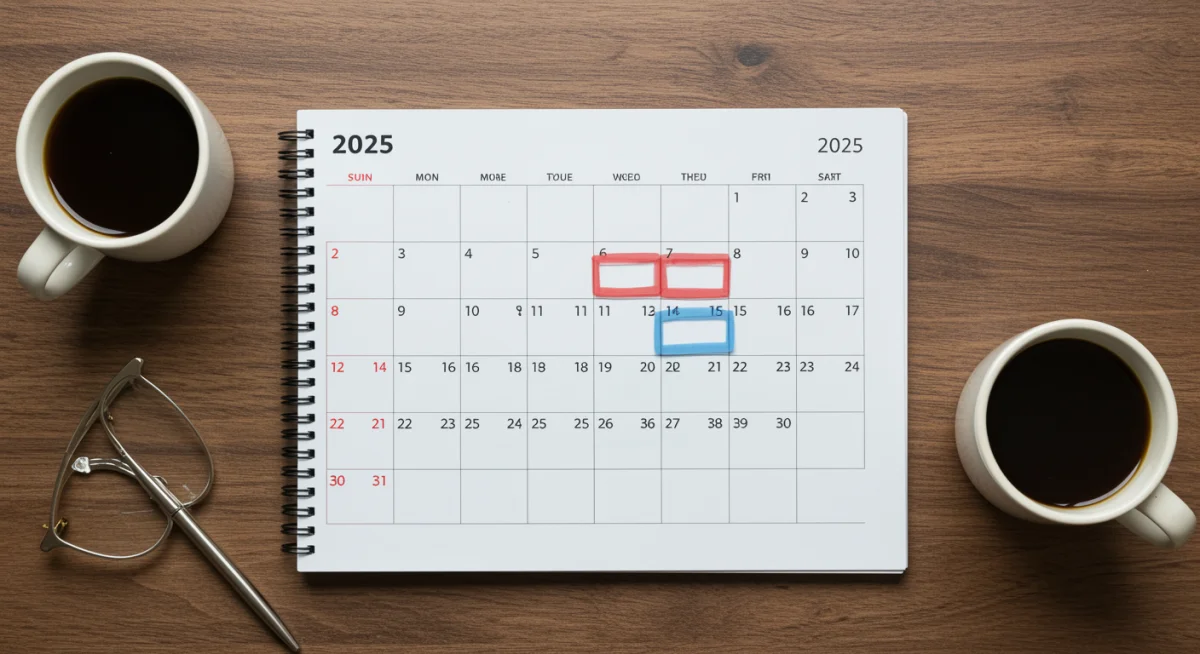 Calendar with highlighted dates for strategic holiday PTO planning in late 2025, emphasizing organized time management.