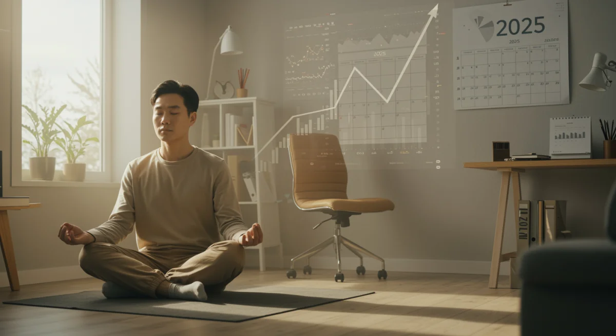 Person meditating to reduce stress, with financial projections and a 2025 calendar in the background.