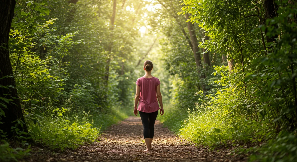 Person engaged in walking meditation through a sun-dappled forest path, embodying mindful movement.