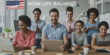 Diverse US workers balancing professional tasks, family time, and personal well-being, symbolizing work-life integration and productivity.