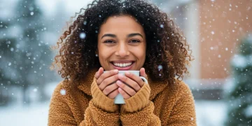 Smiling person enjoying winter, symbolizing boosted immune function and seasonal well-being.