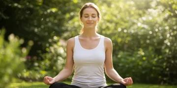 Woman meditating in a garden, symbolizing natural hormone balance and well-being
