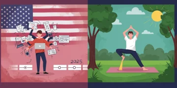 Illustration of work-life balance challenges and solutions in the US in 2025, showing a stressed professional contrasted with a serene individual, symbolizing the struggle and ideal.
