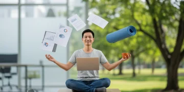 Person calmly balancing work and personal life elements
