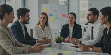 Diverse professionals in a modern office discussing mental health support programs