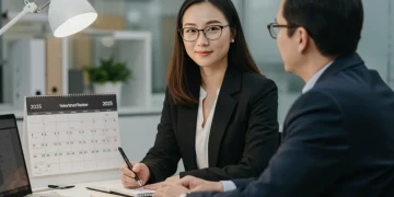 Year-End Reviews: Negotiate Work-Life Balance for 2025 Woman confidently negotiating work-life balance in year-end review for 2025