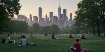 Diverse individuals practicing mindfulness in a U.S. city park, promoting emotional balance