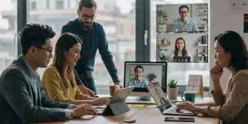 Professionals collaborating in a modern hybrid work environment, blending office and remote setups.