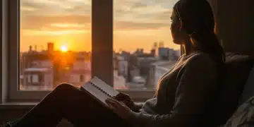 Person planning their day with a journal, sunrise in the background, symbolizing new beginnings and intentional scheduling for personal transformation.