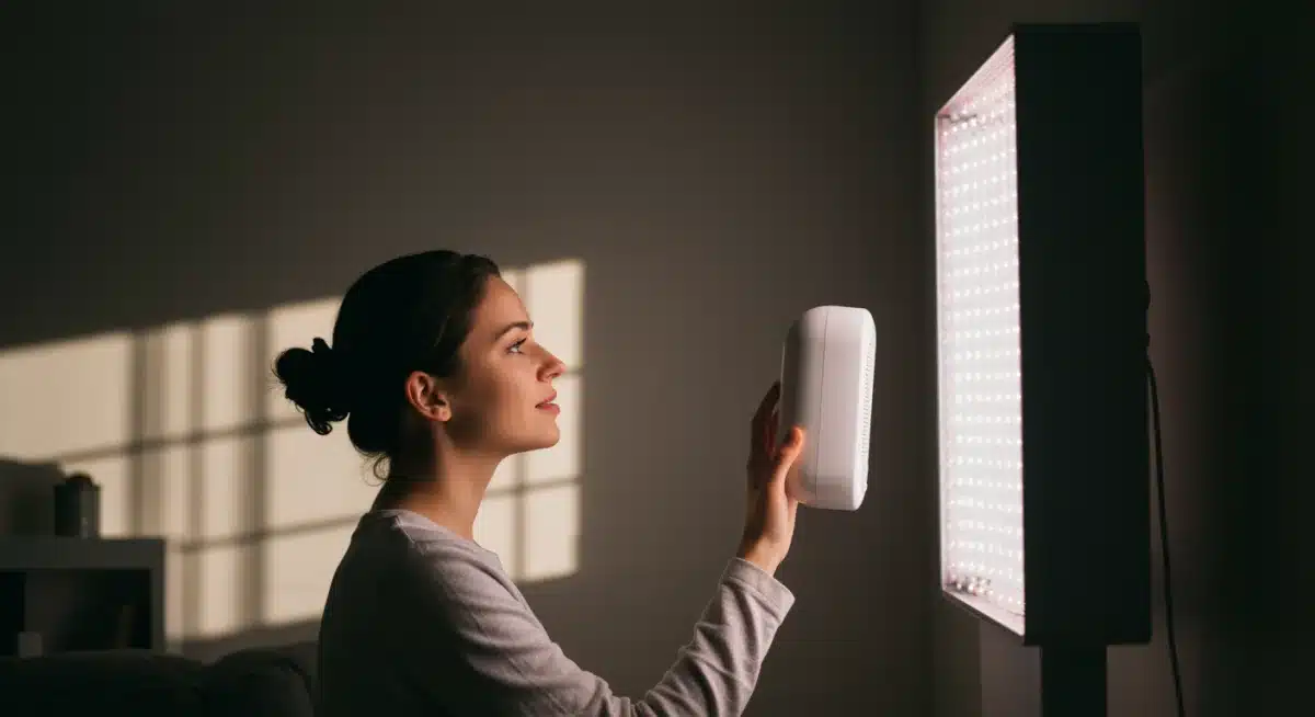 Person using a light therapy lamp in the morning to improve mood and sleep cycle during winter.