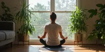 Person meditating by window for daily self-care