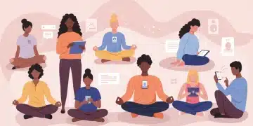 People using mental health apps on digital devices in a serene, modern setting.