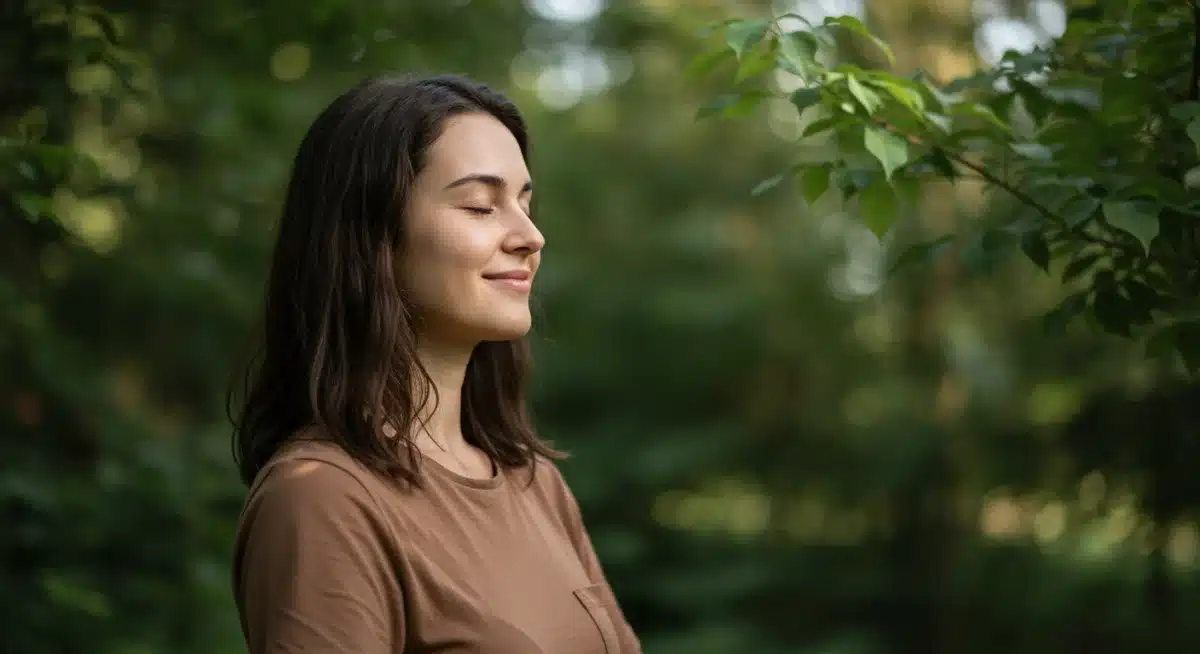 Person practicing mindful breathing in nature, finding calm.