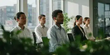 U.S. workers practicing mindfulness in an office, reducing burnout and stress