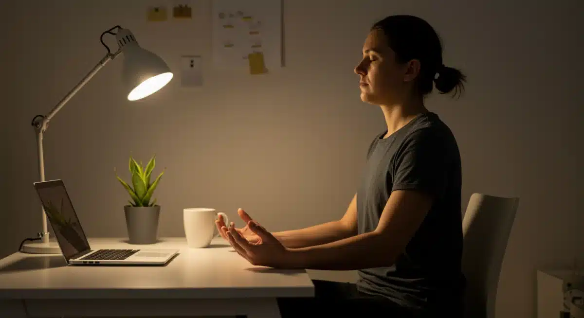 Individual practicing mindfulness in a home office, promoting mental well-being.