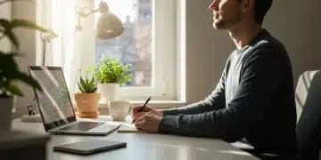 Refreshed worker taking a brief mental pause at a sunlit desk with a plant and tea.