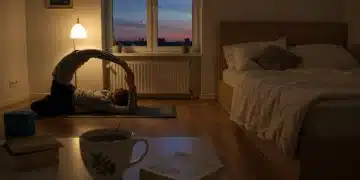 Serene bedroom with person stretching, preparing for sleep