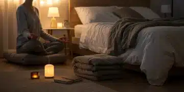 Person meditating in a serene bedroom for improved sleep