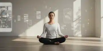 Serene person meditating amidst subtle digital distractions, finding inner peace.