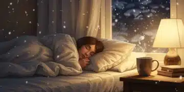 Peaceful bedroom in winter with person sleeping soundly under duvet, warm lighting, and falling snow outside window.