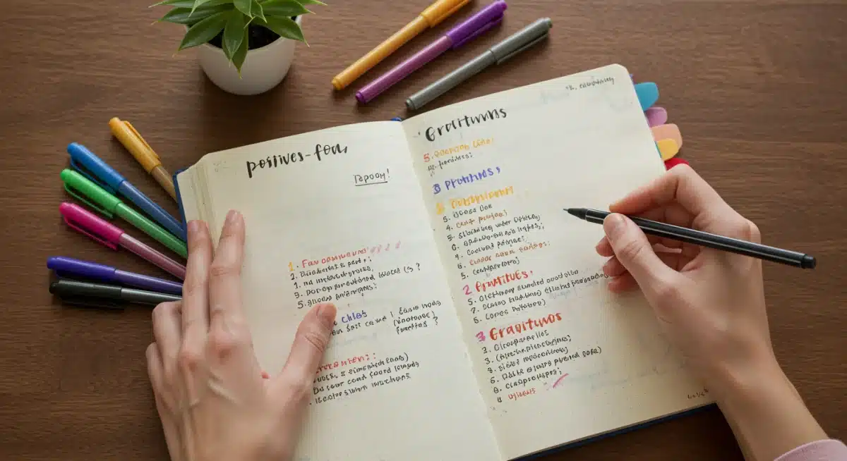 Hands writing in a gratitude journal, focusing on positive reflections