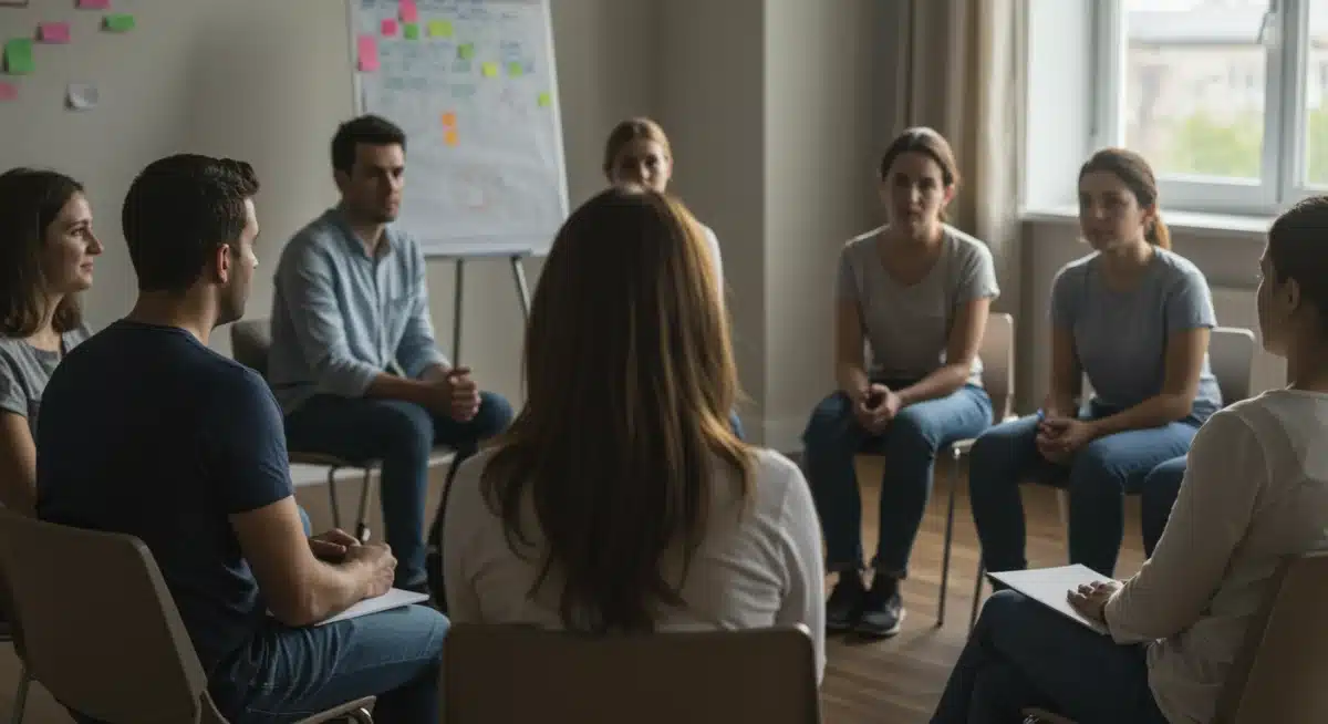 Group therapy session fostering community and support for mental health.