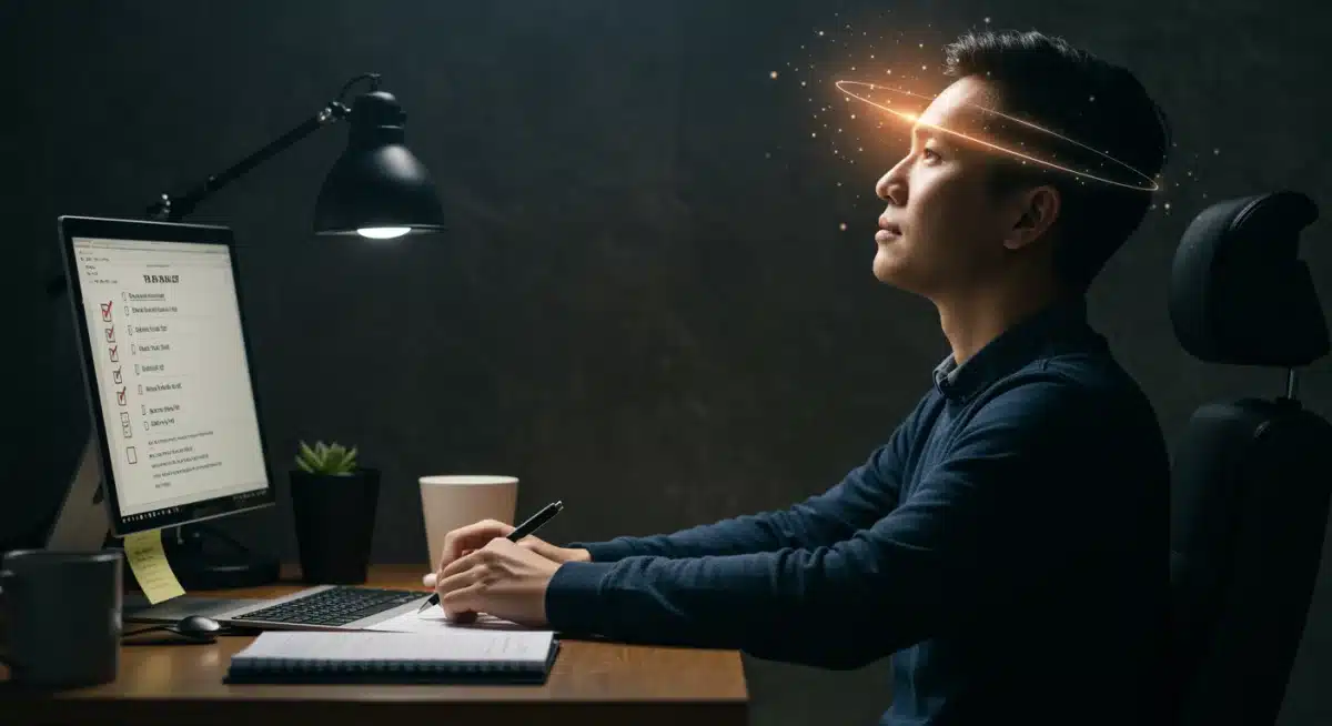 Individual demonstrating increased focus and productivity at work after mindful breathing