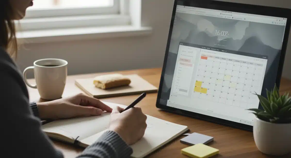 Individual deeply focused on work with a time-blocked digital calendar visible.