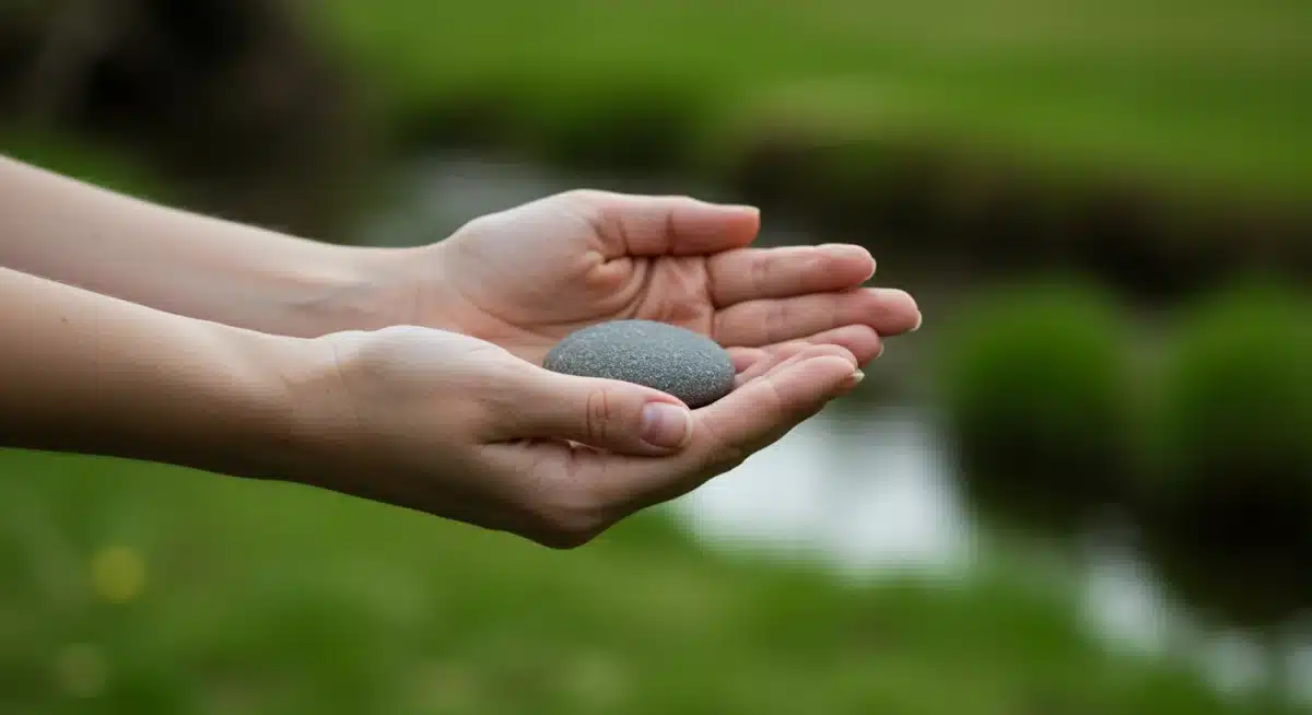 Hands holding a smooth stone, representing a grounding mindfulness technique.