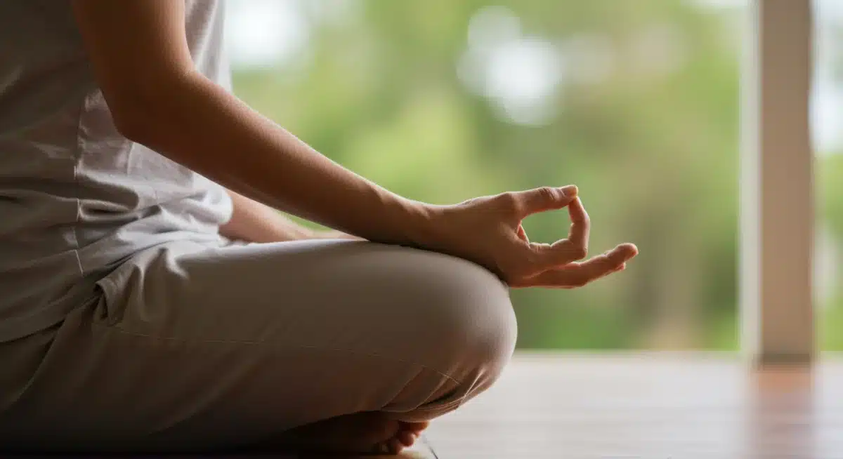 Person meditating calmly, illustrating stress reduction and mindfulness practices.