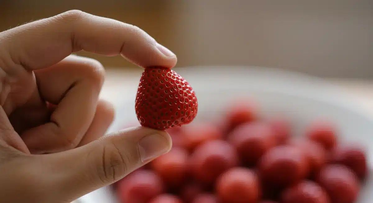 Hand gently holding a piece of fruit, focusing on sensory experience of food.